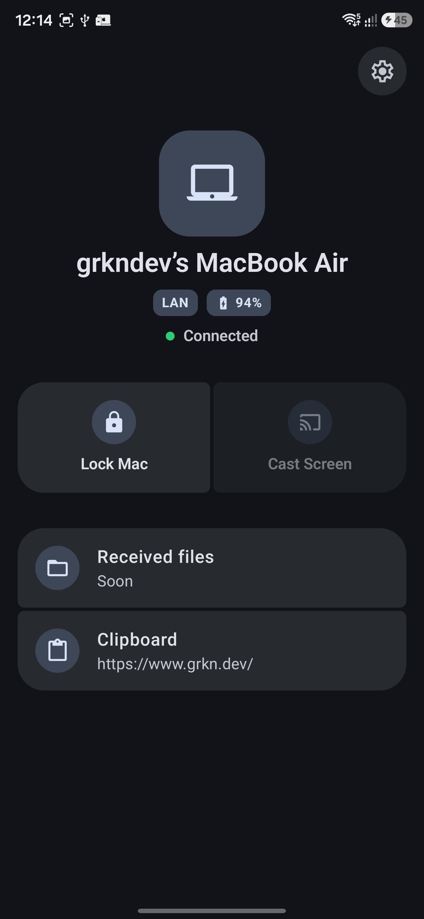 The Android app's home screen: the paired MacBook Air connected over LAN at 94% battery, with Lock Mac, Cast Screen, Received files and Clipboard controls