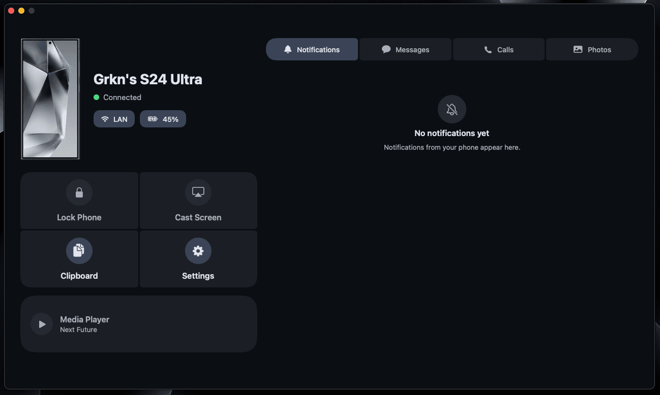 The Mac dashboard window: the paired phone connected over LAN at 45% battery, with Lock Phone, Cast Screen, Clipboard and Settings quick actions and the Notifications tab